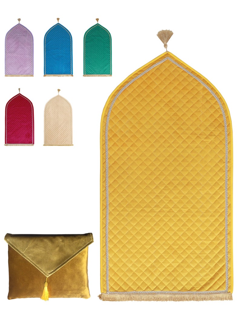 Velvet Muslim Prayer Mat Thick Soft, Soft Prayer Rug,Prayer Rug with Tassels, Foldable Flannel Prayer Rug for Men & Women, Prayer Mats for Ramadans Eid, Daily Salah, Yellow - Image 1